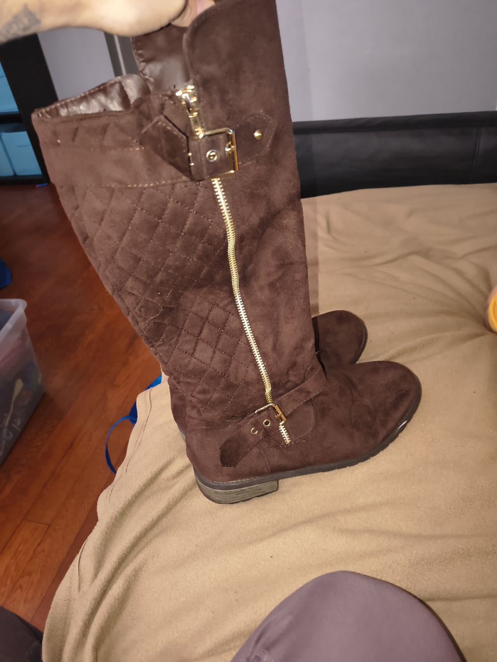 Women's Brown Quilted Suede Knee-High Boots with Gold Zip Accent